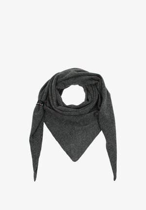 Gray triangular scarf made of soft fabric, featuring draped folds and pointed ends. Includes a visible brand label.