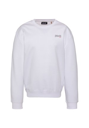Weißes Sweatshirt mit langen Ärmeln und Rundhalsausschnitt, kleines schwarzes und rotes "Schott NYC"-Logo auf der linken Brustseite sowie gerippte Bündchen und Saum.