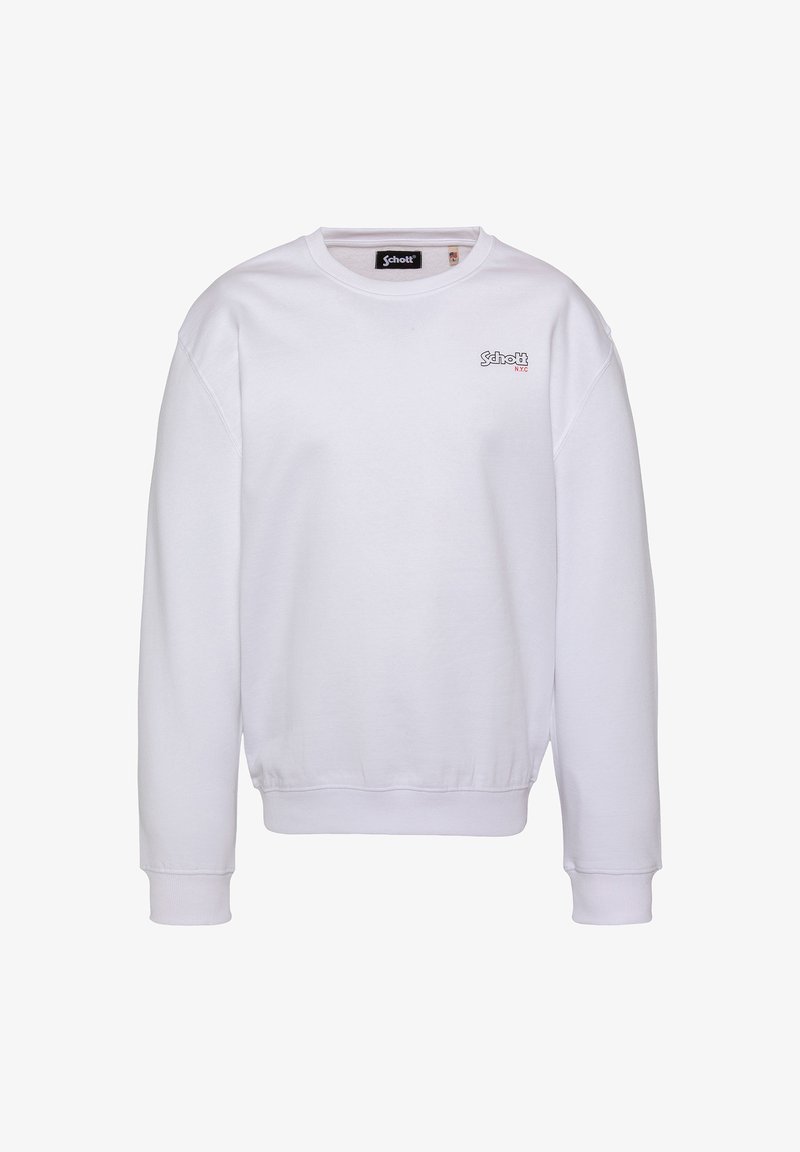 Sweat-shirt blanc à manches longues col rond avec petit logo noir et rouge "Schott NYC" sur la poitrine gauche, poignets et ourlet côtelés.