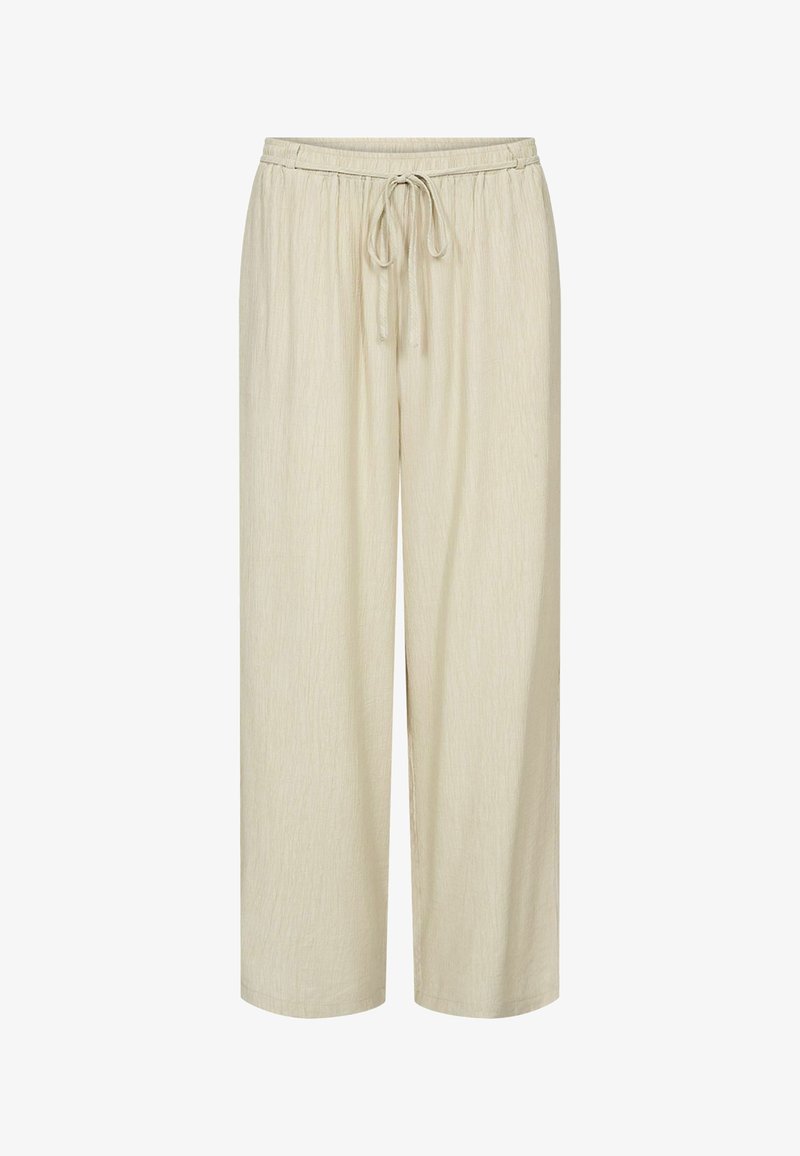 Pantalon beige coupe ample avec ceinture élastique et cordon à l'avant, jambes droites, style décontracté.