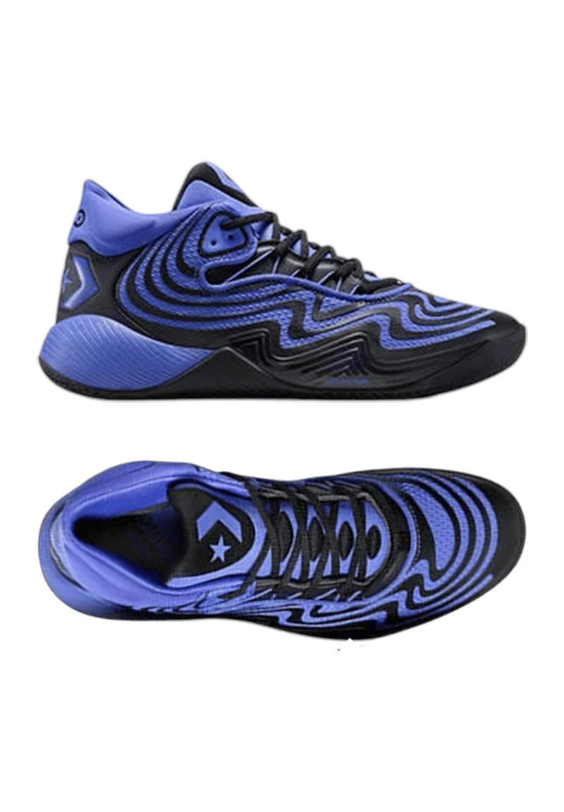 Hoge sportschoenen in zwart en paars met een golvend patroon, een bovenwerk van mesh, vetersluiting en een rubberen zool. Voorzien van een sterlogo aan de zijkant.