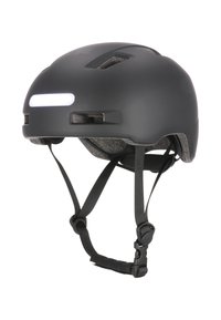 Sort cykelhjelm med mat finish, der har et centralt hvidt lys, justerbare stropper og ventilationshuller for luftstrøm.
