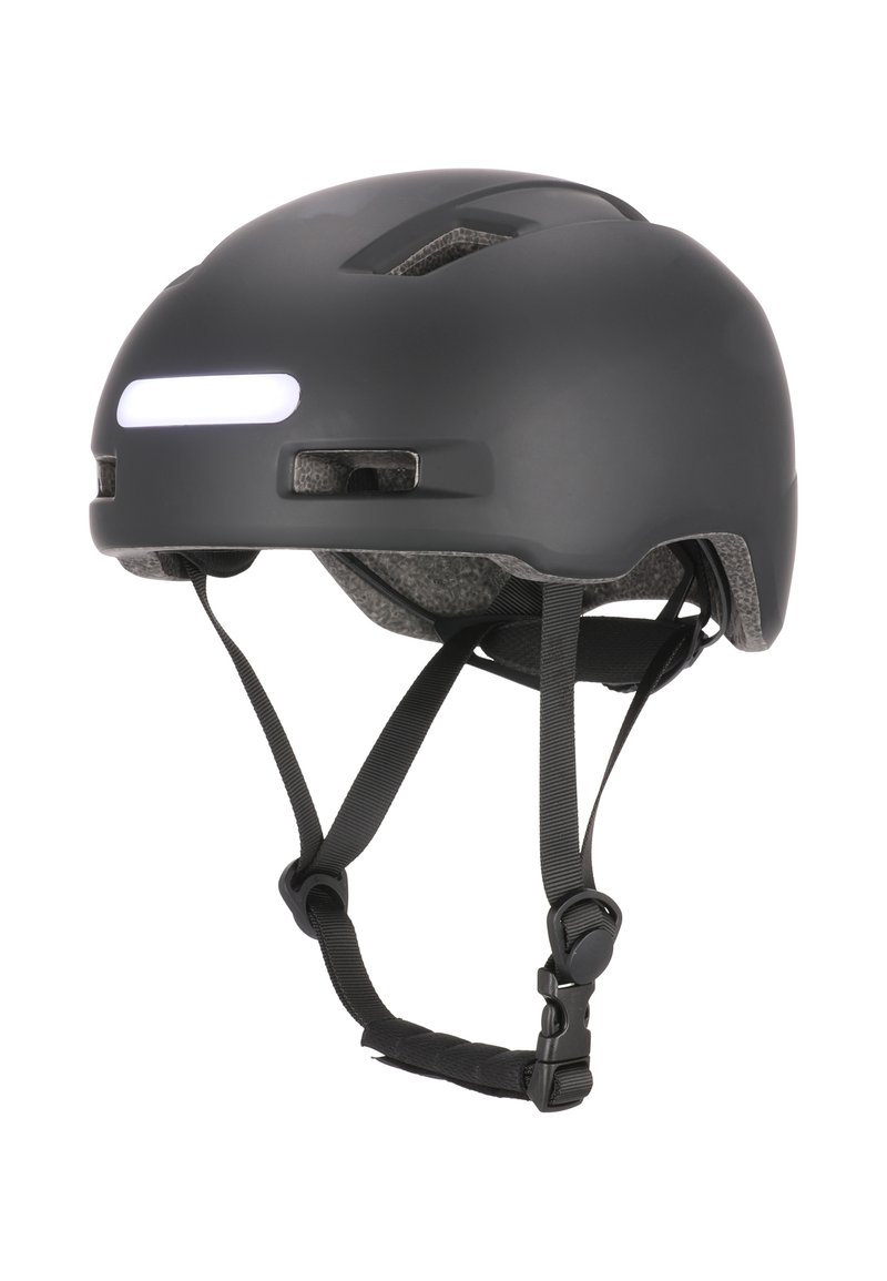 Sort cykelhjelm med mat finish, der har et centralt hvidt lys, justerbare stropper og ventilationshuller for luftstrøm.