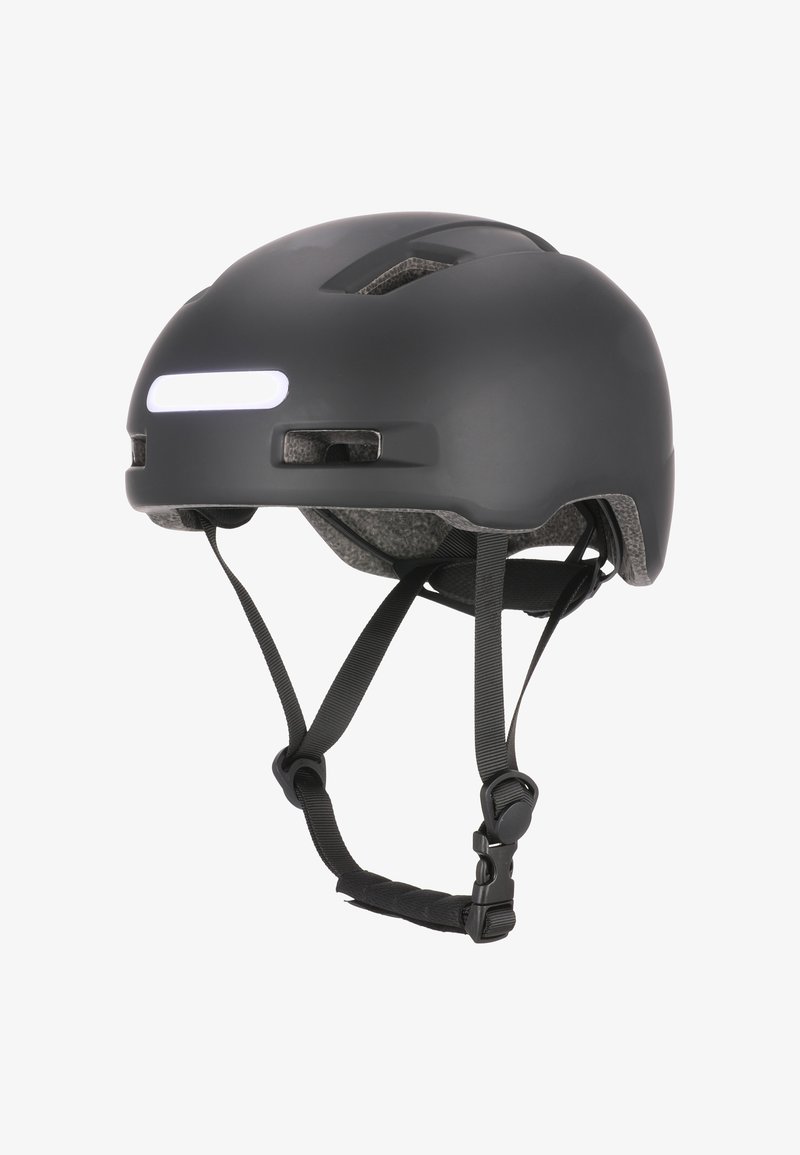 Sort cykelhjelm med mat finish, der har et centralt hvidt lys, justerbare stropper og ventilationshuller for luftstrøm.