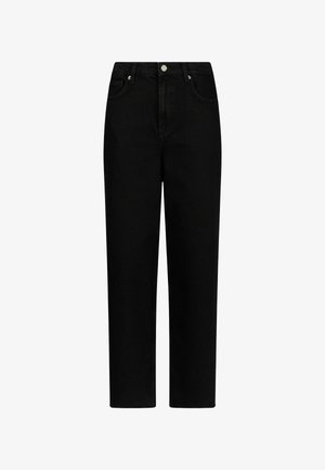 Sorte denim-bukser med lige ben-design, der har frontlommer, knaplukning og minimal syning.