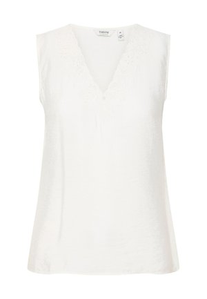 Weiße ärmellose Bluse mit V-Ausschnitt, die zarte Stickdetails entlang des Ausschnitts aufweist und eine fließende, weiche Textur hat.