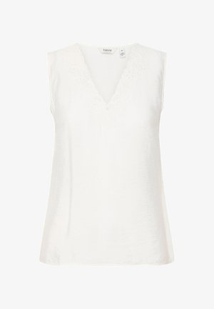 Weiße ärmellose Bluse mit V-Ausschnitt, die zarte Stickdetails entlang des Ausschnitts aufweist und eine fließende, weiche Textur hat.