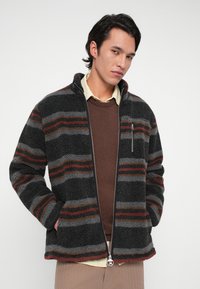 Junger Mann in einer schwarz-grau-braun-rostfarben gestreiften Fleecejacke mit Händen in den Taschen, über einem braunen Pullover und einem gelben Hemd.