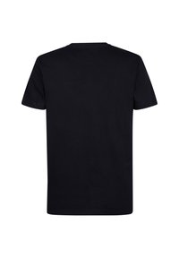 Tricou negru cu mânecă scurtă, din bumbac, cu guler rotund. Textură netedă, culoare uniformă, fără logo-uri sau modele vizibile pe spate.