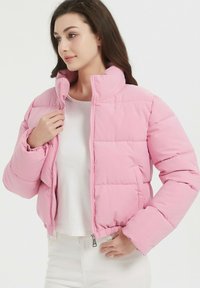 Veste rembourrée rose avec col montant, fermeture éclair et ourlet élastiqué. Comporte des sections matelassées et des manches larges pour un ajustement décontracté.
