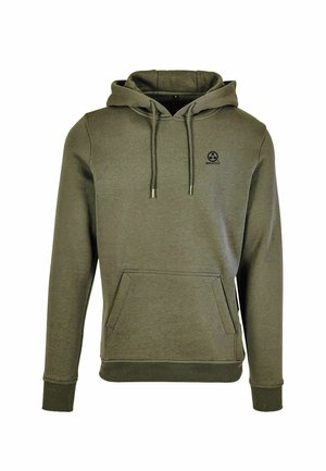 Olive roheline kapuutsiga sviiter, mis on valmistatud pehmest kangast, sisaldab taskut, reguleeritavat kapuutsi, ribidega mansette ja väikest logo rinnal.