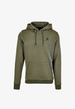 Olijfgroene hoodie van zacht materiaal, met een kangoeroezak, een capuchon met trekkoord, ribgebreide manchetten en een klein logo op de borst.