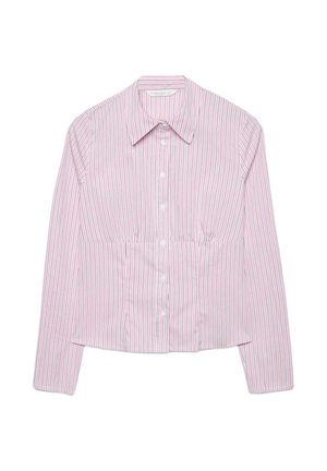 Lyserød langærmet skjorte med knapper, med vertikale hvide, sorte og mørk rosa striber samt spidst krave.