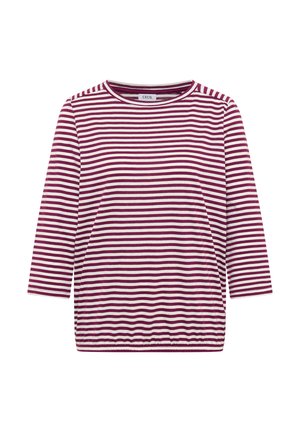 Chemise à manches longues avec rayures horizontales bordeaux et blanches, encolure ronde et ourlet élastique, étiquette "CECIL" à l'intérieur du col.