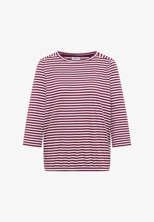 Lange mouwen shirt met bordeauxrode en witte horizontale strepen, ronde halslijn en elastische zoom, met "CECIL" label aan de binnenkant van de kraag.