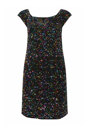 Robe noire ornée de sequins colorés, dotée de manches courtes, d'un décolleté en V et d'une silhouette ajustée. Texture douce et accents brillants.