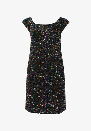 Zwarte jurk versierd met kleurrijke pailletten, met korte mouwen, een V-hals en een getailleerde pasvorm. Zachte textuur en glanzende accenten.