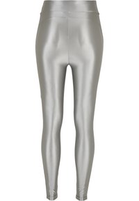 Zilveren leggings met een gladde, glanzende textuur. Hoge tailleband en nauwsluitend ontwerp, taps toelopend bij de enkels. Geen patronen of zichtbare hardware.