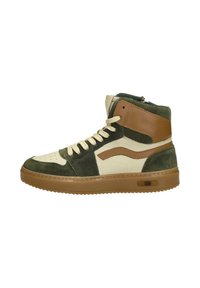 Hoge sneakers in groen en beige suede, met bruine leren accenten, ronde neus, gestructureerde tussenzool, voorzien van vetersluiting en logo-detail.