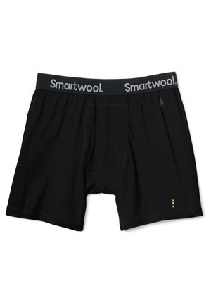 Svarta boxerkalsonger med en grå midjeband som har "Smartwool" i vit text. Inkluderar en funktionell gylf fram och en logodetalj.