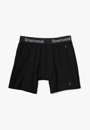 Sorte boxershorts med en grå elastik, der har "Smartwool" i hvid tekst. Inkluderer en funktionel frontflap og en logodetalje.