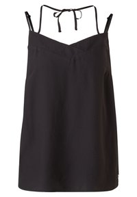 Robe noire sans manches avec un col en V, des bretelles réglables à nouer et un tissu texturé. Design simple et droit avec une finition douce.