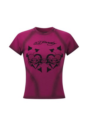 Short-sleeve, fitted purple t-shirt made of stretchy fabric, featuring a black graphic design with hearts and bats, and "Ed Hardy" text.