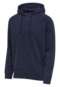 Felpa con cappuccio blu navy con zip, cappuccio con coulisse, maniche lunghe, polsini e orlo a coste, mostrata su sfondo bianco semplice.