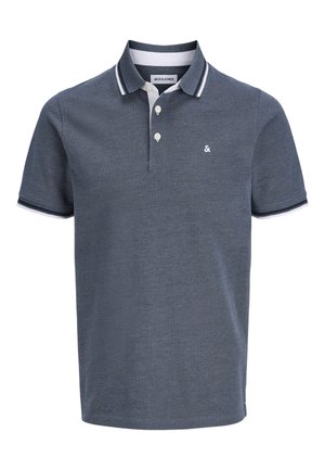 Polo da uomo a maniche corte di colore grigio scuro con bordo bianco e nero su colletto e maniche, abbottonatura a tre bottoni e piccolo logo sul petto.