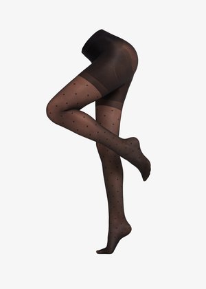 Przezroczyste czarne rajstopy w kropki, z gładkim wykończeniem i wygodnym pasem, zapewniającym dopasowanie do ciała.