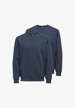 Zwei schlichte marineblaue Sweatshirts mit Rundhalsausschnitt, langen Ärmeln sowie gerippten Bündchen und Saum, übereinandergelegt auf weißem Hintergrund gezeigt.