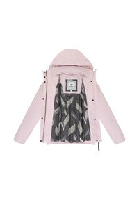 Veste à capuche rose clair avec fermeture à pression et à glissière, dotée d'une doublure grise à motifs. Texture lisse, poignets élastiques et extérieur doux.