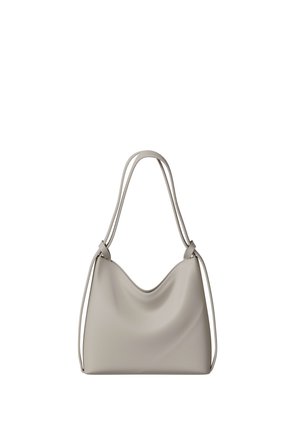 Light gray leather shoulder bag with dual thin handles and a soft, slouchy rectangular shape.