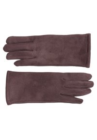 Wildlederhandschuhe in einem tiefen Taupe-Farbton mit einer glatten Textur, fünf Fingern und einem schlanken Design ohne sichtbare Beschläge oder Muster.