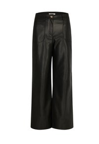 Pantaloni neri a gamba larga in pelle liscia, dotati di due tasche anteriori e chiusura a bottone in vita. Design semplice ed elegante.