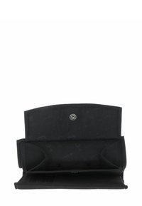 Black open wallet with snap closure, multiple card slots on the inner flap, and a spacious main compartment.