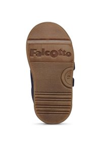 Sole boty s rýhovaným povrchem v hnědé gumě, s vyraženým logem "Falcotto". Hladké námořnické modré boční strany jsou viditelné, s kulatým podpatkem.