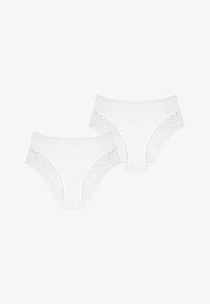 White cotton women's underwear set with lace trim on the sides featuring floral patterns, designed for medium coverage and comfort.