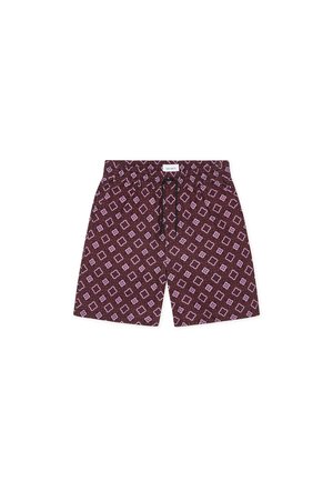 Μπορντό μαγιό βερμούδα με γεωμετρικό σχέδιο σε λιλά. Λάστιχο στη μέση με κορδόνι και πλαϊνές τσέπες. Ελαφρύ υλικό.