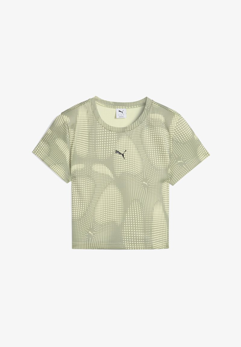 Svetle zelené zkrácené tričko s tečkovaným vzorem a černým logem Puma na hrudi, se short sleeves a kulatým výstřihem.