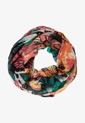 Écharpe tubulaire légère avec un motif coloré de papillons et de fleurs en tons orange, bleu sarcelle, rose et noir.