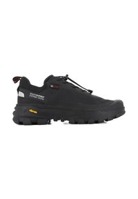 Black hiking shoe with a textured upper, reinforced toe, and thick rubber outsole. Features a pull tab and Vibram logo on the sole.