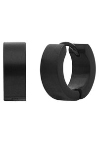 Boucles d'oreilles créoles noires avec une finition mate. Forme ronde présentant un léger espace et une texture lisse. Design simple, sans matériel visible.