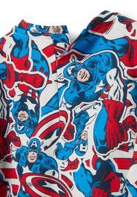 Cotton bodysuit featuring a multicolored print of superheroes in blue, red, and white. Includes button closure and round neckline.