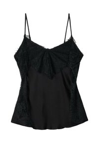 Schwarzes Camisole mit Spitzenbesatz entlang des Ausschnitts und an den Seiten, verstellbaren Spaghettiträgern und einem glatten, leicht glänzenden Stoff.