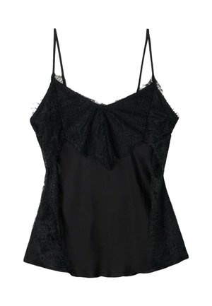 Black camisole featuring lace trim along the neckline and sides, with adjustable spaghetti straps and a smooth, slightly shiny fabric.