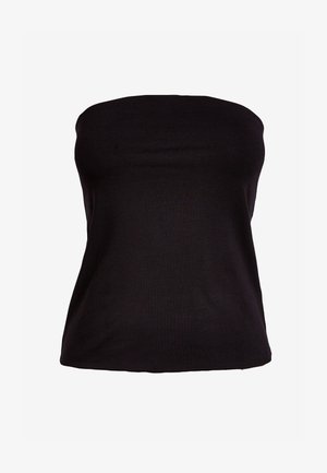 Top nero senza spalline realizzato in tessuto elasticizzato. Texture liscia con silhouette aderente, senza cuciture visibili o decorazioni.