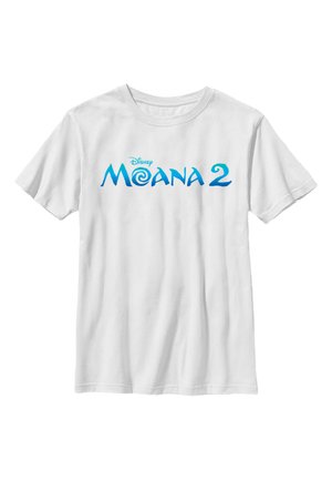 Biała koszulka z krótkim rękawem z niebieskim logo "Disney Moana 2" nadrukowanym na klatce piersiowej.
