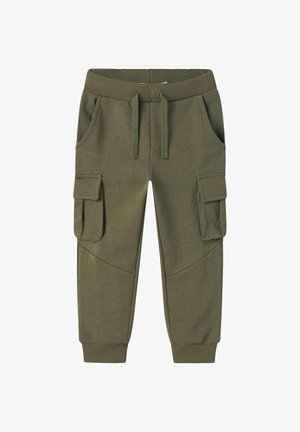 Groene katoen sweatpants met geribbelde tailleband, trekkoord, zijzakken en twee cargozakken op de dijen. Glad textuur.