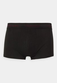 Boxeri scurți negri din bumbac, cu un tiv elastic moale, având logo-ul "Calvin Klein" în burgund. Design simplu, ajustat, fără modele.